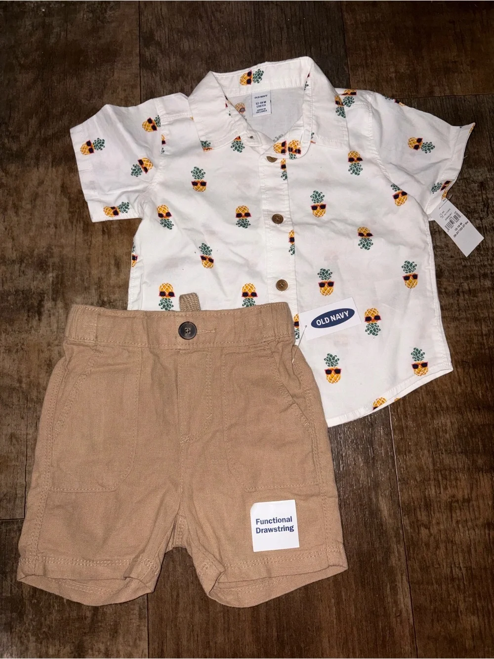 Old Navy White Pineapple Print Button-Down Shirt with Tan Shorts